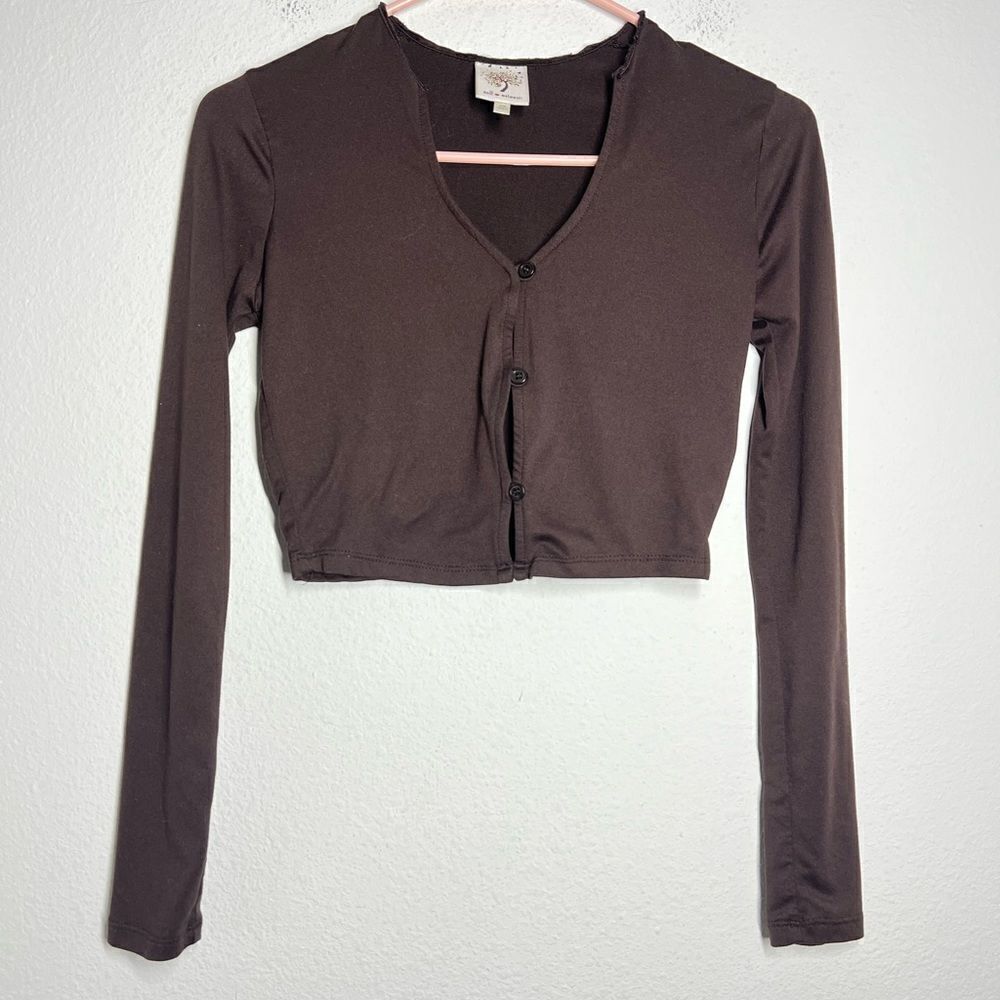 Self Esteem Womens Long Sleeve Crop Top Size XS Brown Buttoned Stretch